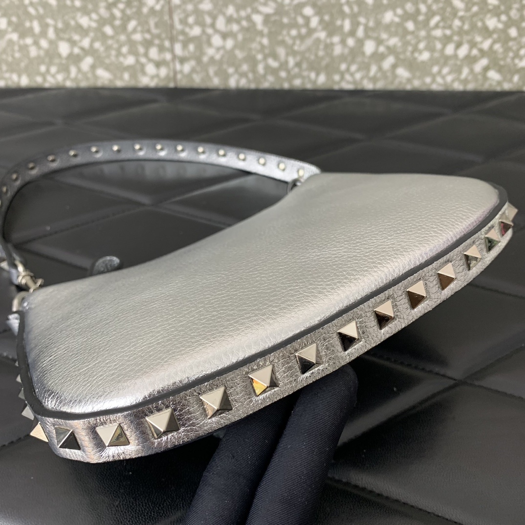 Valentino Garavani Rockstud Mini Hobo Bag in Silver Grainy Calfskin